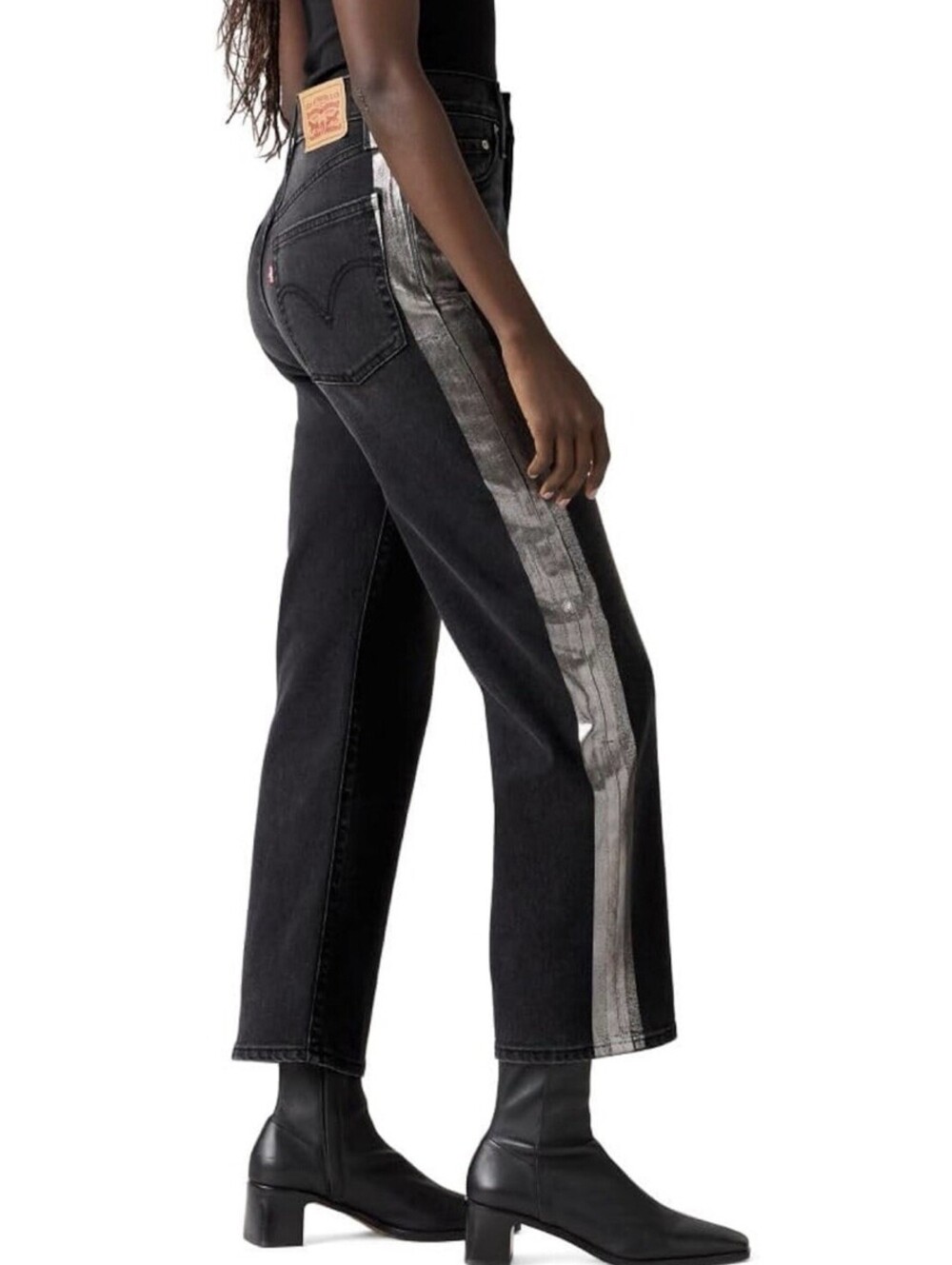 Levi's Ribcage Straight Ankle Jeans Side Stripe Size 31x27 Let Me Shimmer Black